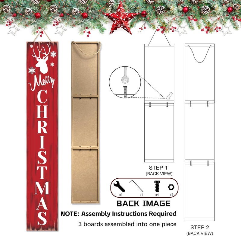 PEROUU Merry Christmas Welcome Sign for Front Porch Standing, Snowflake Elk Wooden Porch Sign for Xmas Front Door Decorations, Rustic Farmhouse Red Hanging Signs Wall Sign for Christmas Decor 47.2"H - Image 3